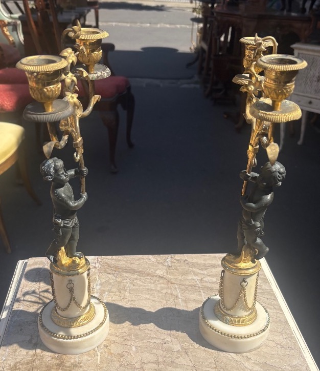 Paire de candélabres en bronze doré et patine brune  FIN  XVIII -photo-4