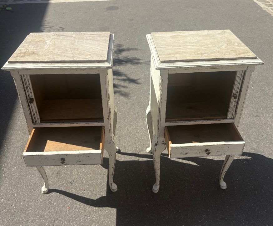 Pair Of Late 19th Century Painted Wood Bedside Cabinets With Curtain And Drawer, Marble Top-photo-2
