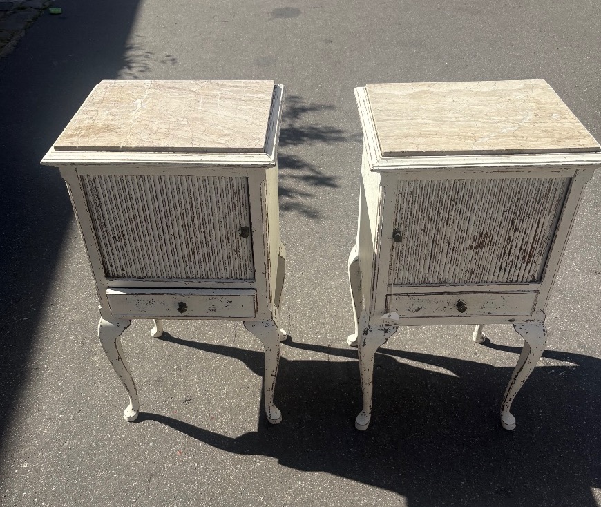Pair Of Late 19th Century Painted Wood Bedside Cabinets With Curtain And Drawer, Marble Top-photo-3