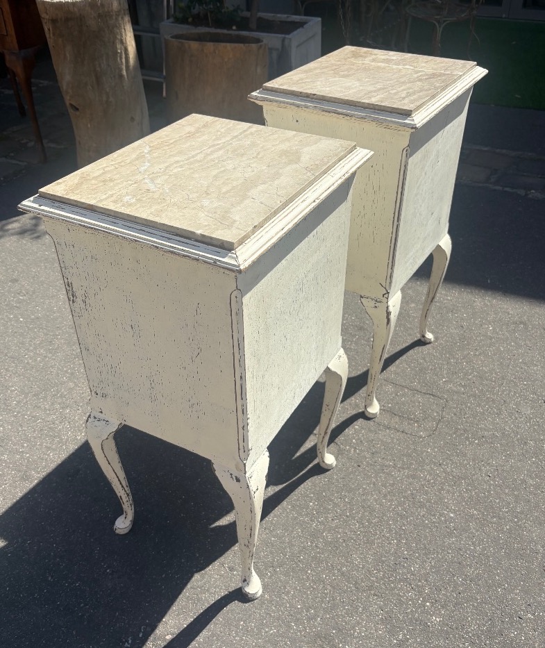 Pair Of Late 19th Century Painted Wood Bedside Cabinets With Curtain And Drawer, Marble Top-photo-4