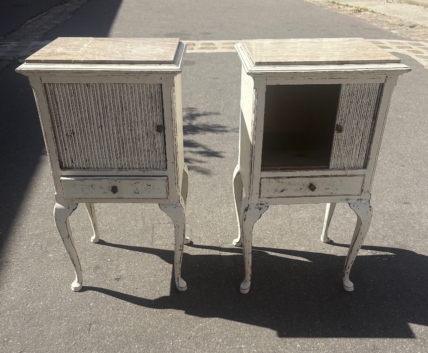 Pair Of Late 19th Century Painted Wood Bedside Cabinets With Curtain And Drawer, Marble Top