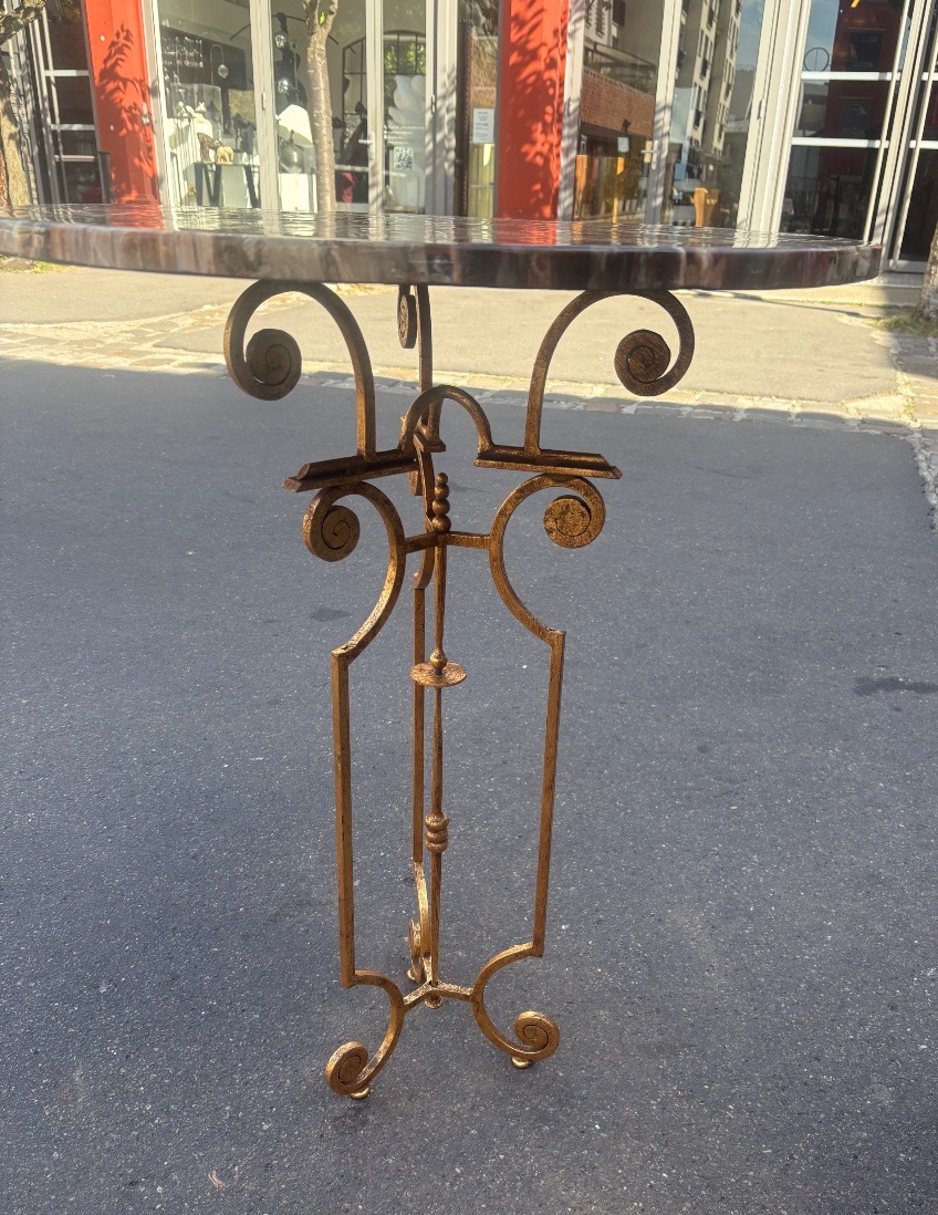 Pedestal Table With Gilded Wrought Iron Legs And Fossilized Wood Top XX Eme-photo-3