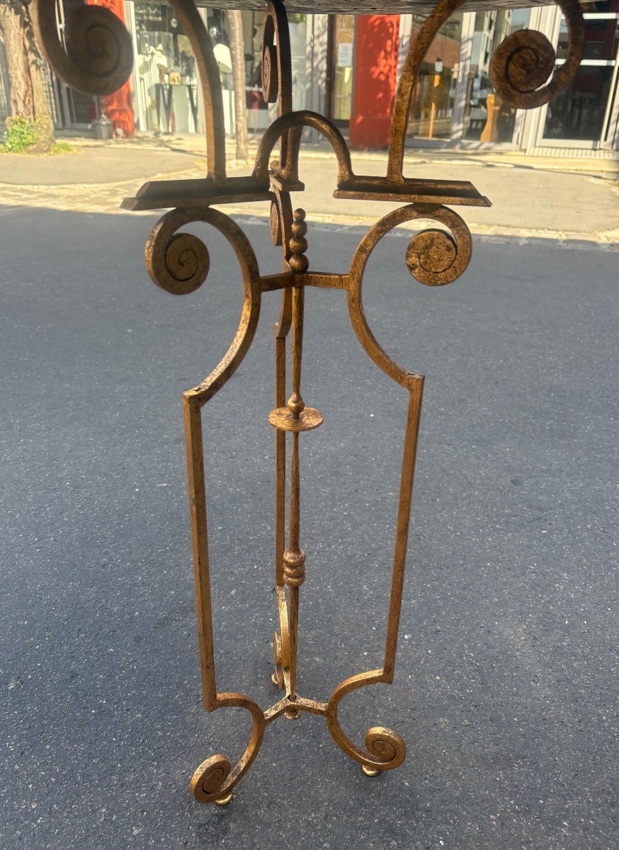 Pedestal Table With Gilded Wrought Iron Legs And Fossilized Wood Top XX Eme-photo-4