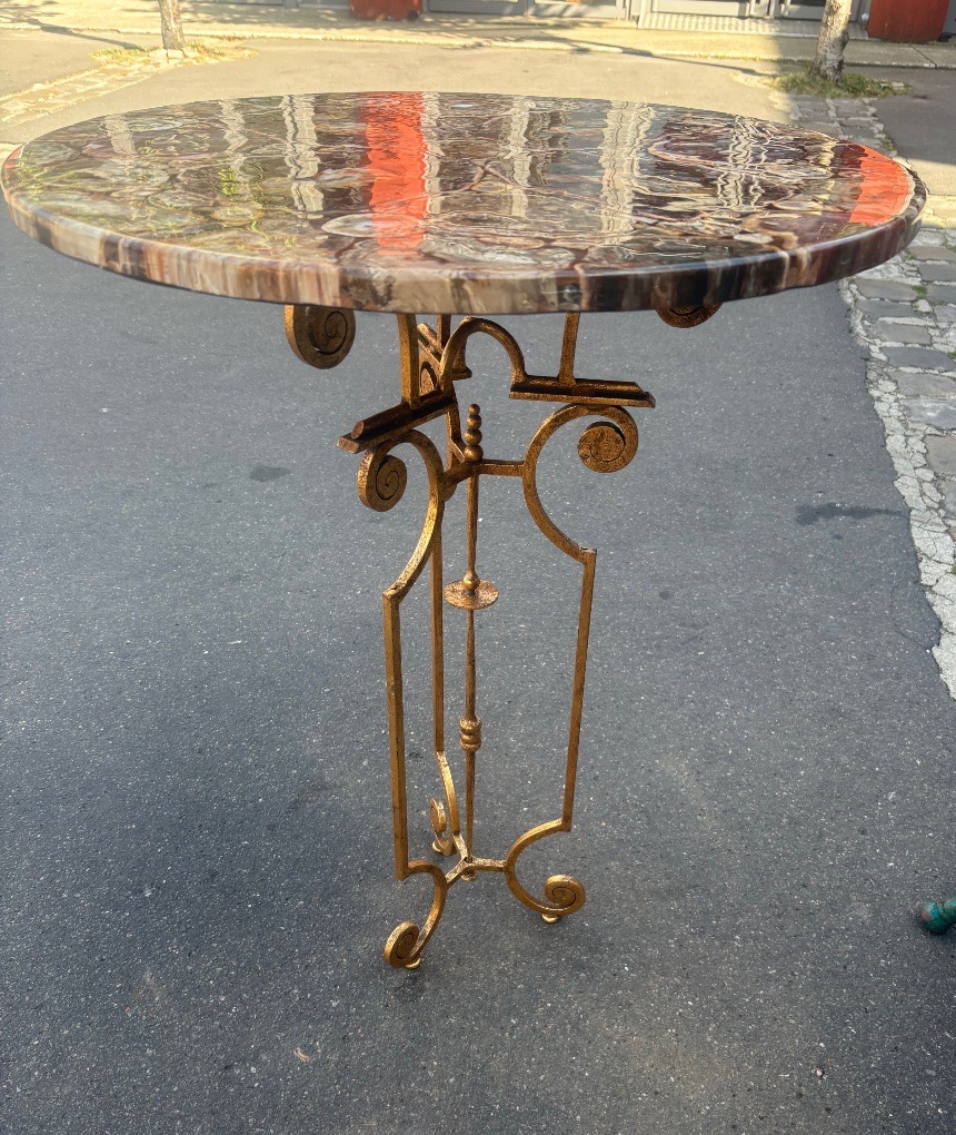 Pedestal Table With Gilded Wrought Iron Legs And Fossilized Wood Top XX Eme-photo-1