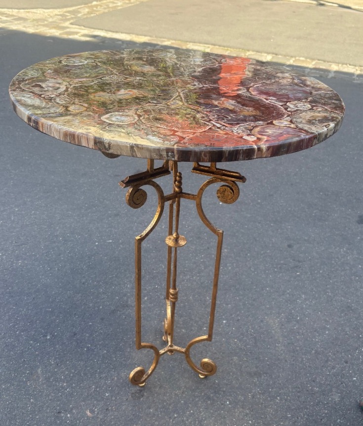 Pedestal Table With Gilded Wrought Iron Legs And Fossilized Wood Top XX Eme