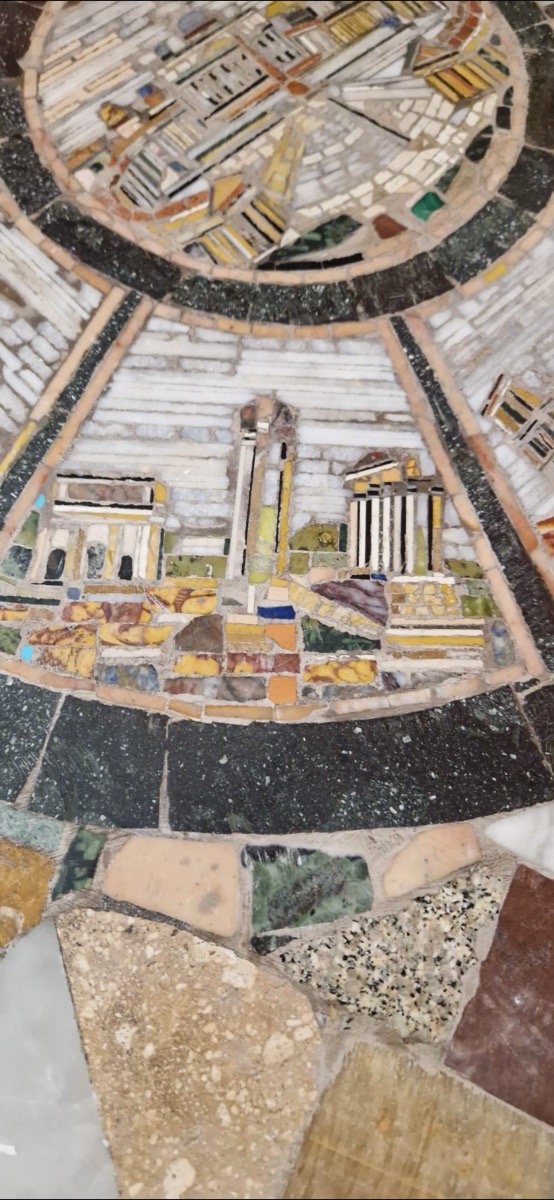Side Table With Lacquered Wooden Base And A Mosaic Top Made Of Semi-precious Stones, Views Of Rome, 20th Century, Italy-photo-2
