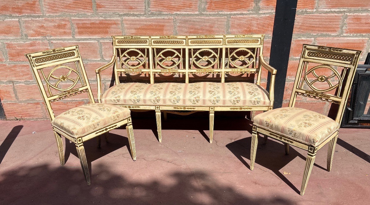 Bench And 2 Chairs, Lacquered And Silver-plated Wood, Late 18th Century, Italy -photo-4
