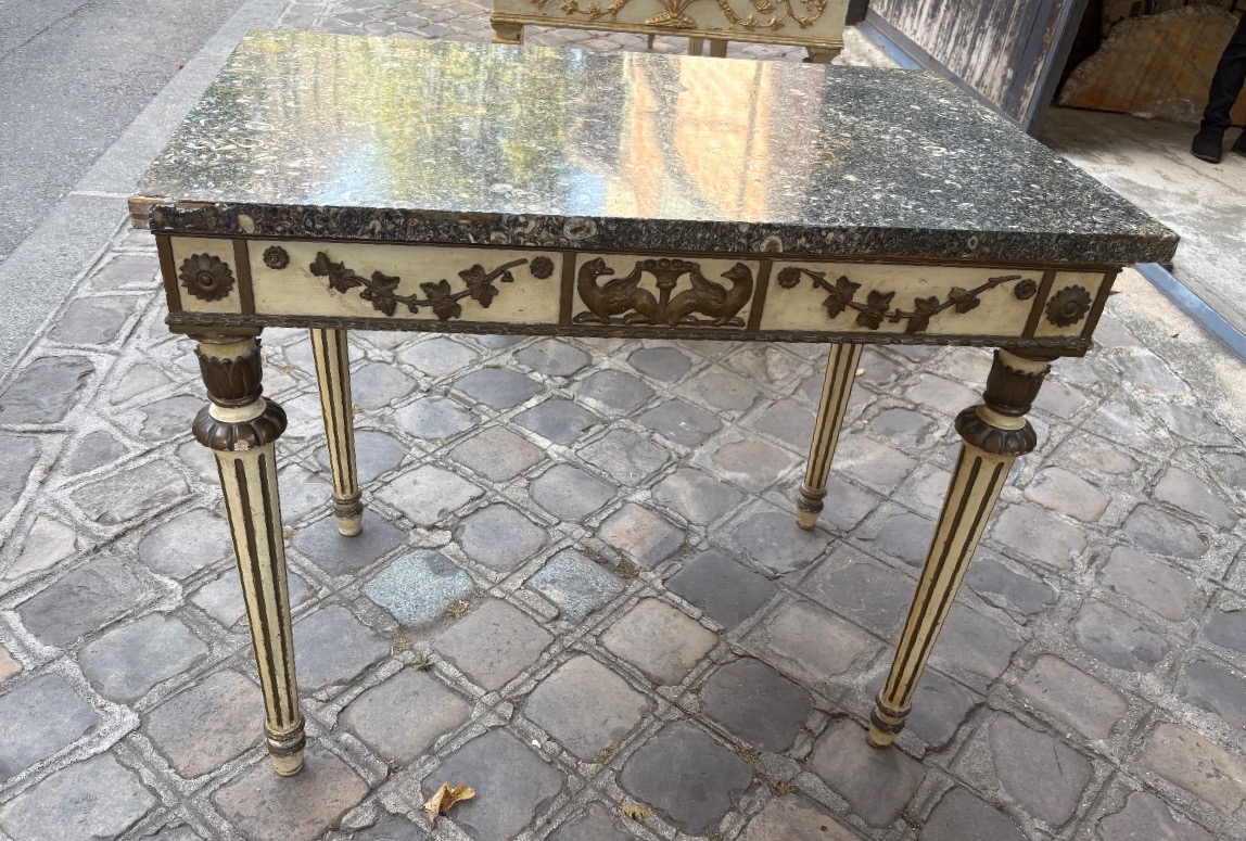 Early 19th-century Italian Console Table In The Louis XVI Style, With A Lacquered Finish And Marble Top 