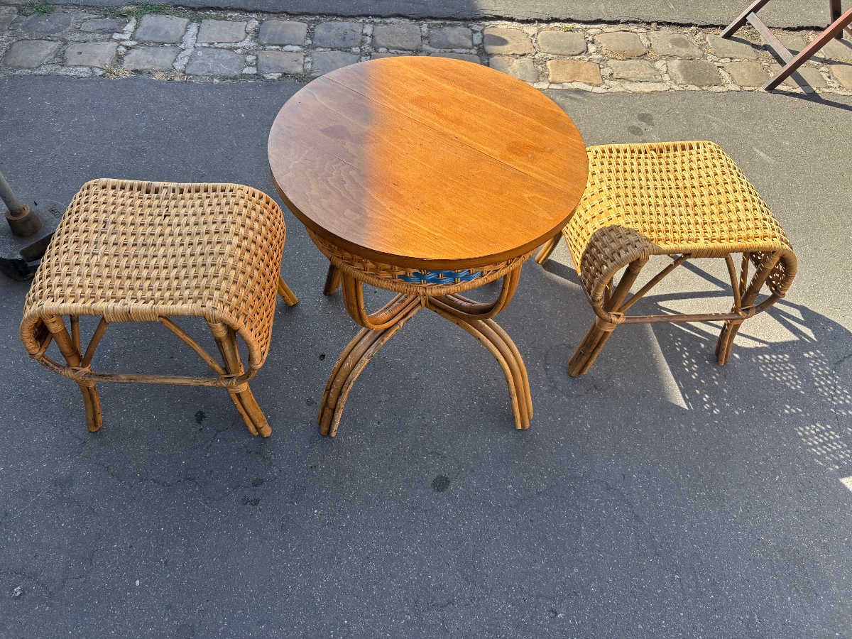 2 Rattan Stools And A Rattan Pedestal Table From The 1950s -photo-4