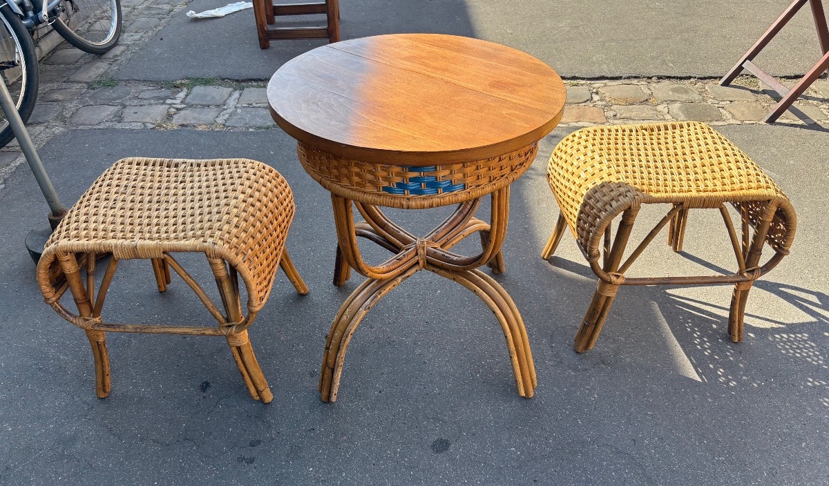 2 Rattan Stools And A Rattan Pedestal Table From The 1950s 
