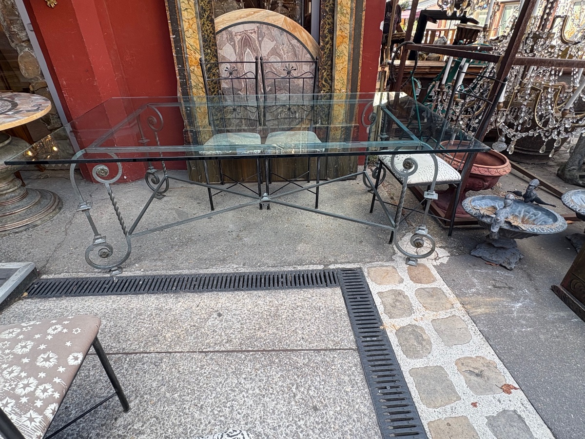 Dining Table And 6 Wrought-iron Chairs With A Thick Glass Top, XX Eme -photo-2