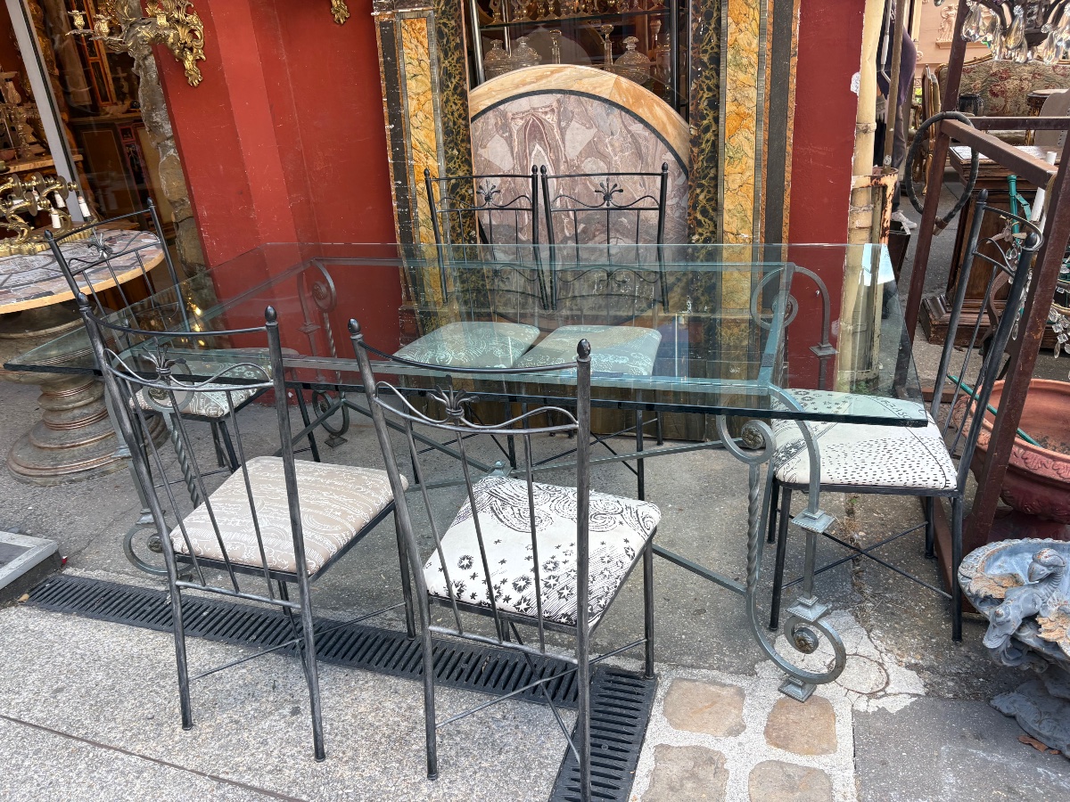 Dining Table And 6 Wrought-iron Chairs With A Thick Glass Top, XX Eme -photo-4