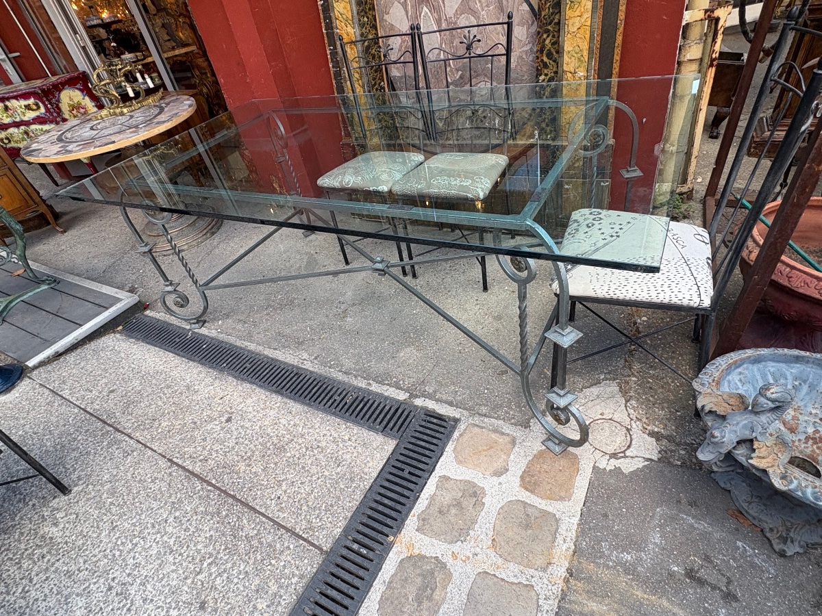 Dining Table And 6 Wrought-iron Chairs With A Thick Glass Top, XX Eme -photo-3