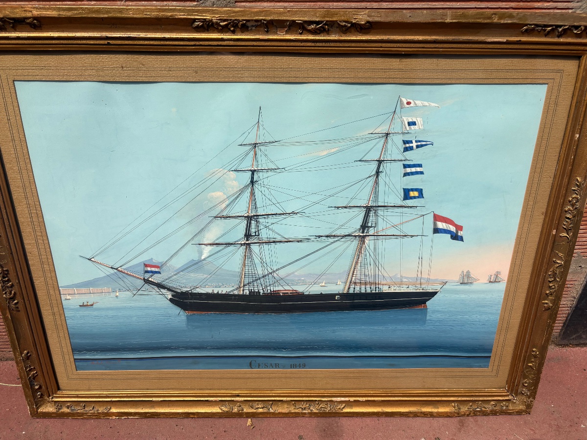 Mid-19th-century Gouache On Paper Depicting The Ship *le Cesar* In The Bay Of Naples -photo-2
