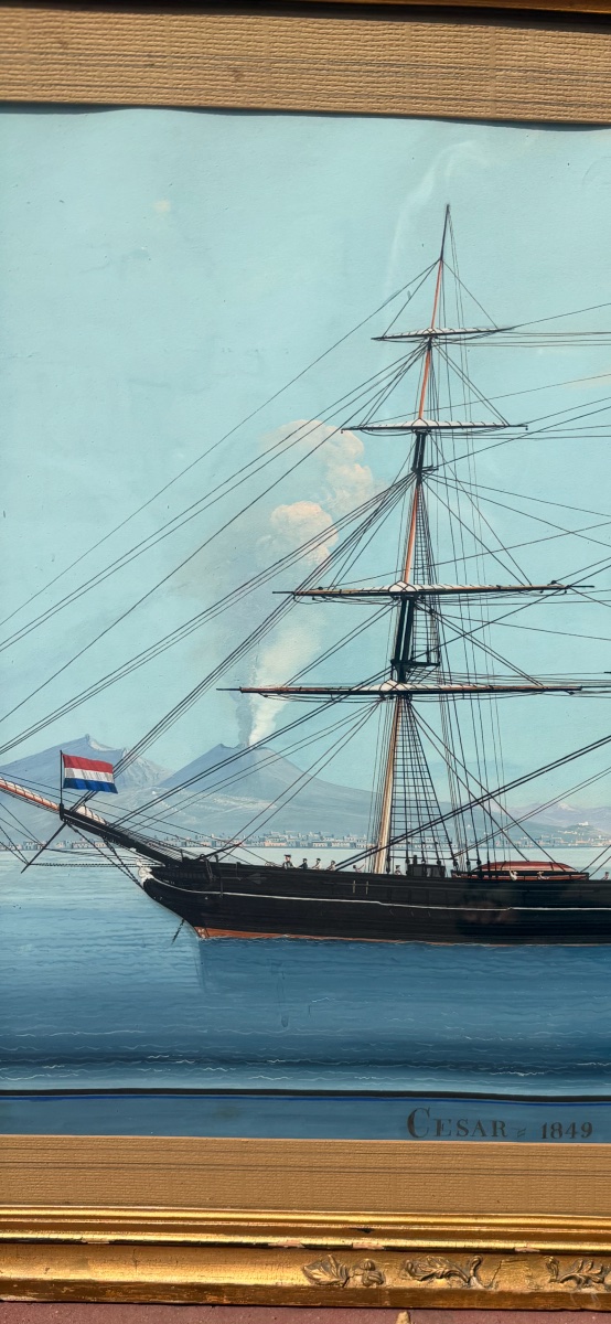 Mid-19th-century Gouache On Paper Depicting The Ship *le Cesar* In The Bay Of Naples -photo-4