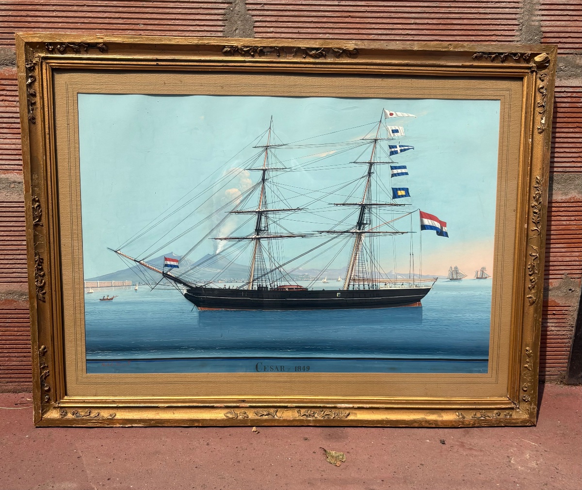 Mid-19th-century Gouache On Paper Depicting The Ship *le Cesar* In The Bay Of Naples 