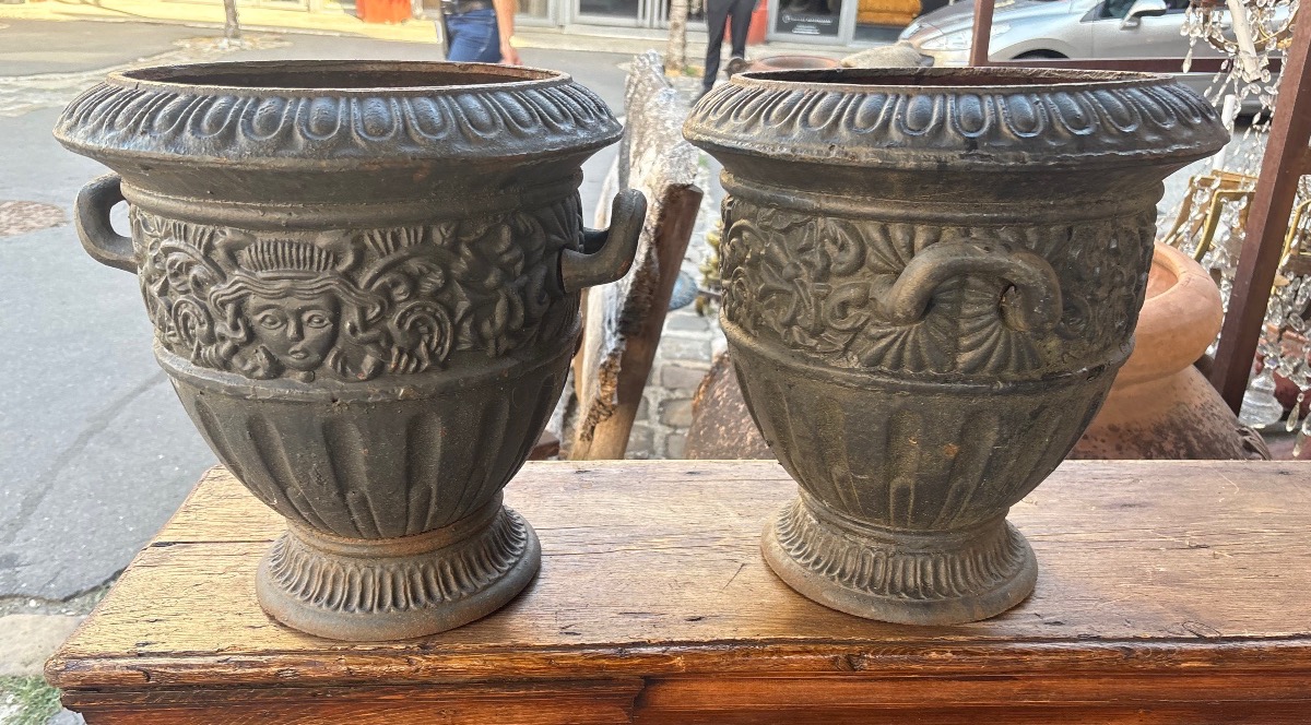 Paire de vases de jardin en fonte de fer XIX  siècle -photo-2