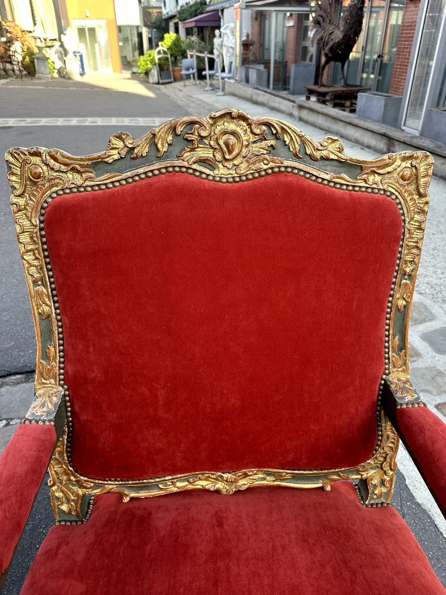 Pair Of Regency-style Armchairs In Carved And Patinated Wood, 19th Century  -photo-2