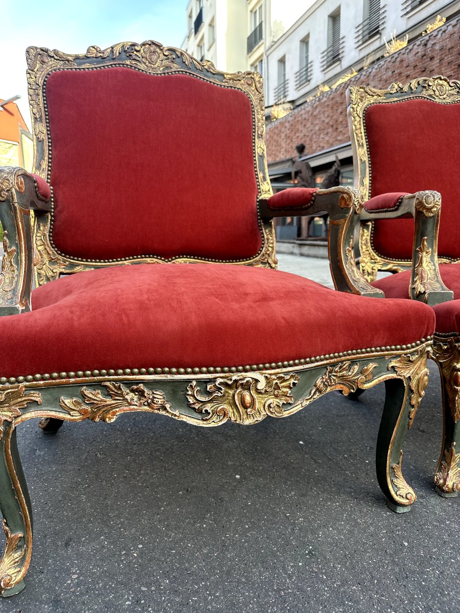 Pair Of Regency-style Armchairs In Carved And Patinated Wood, 19th Century  -photo-4