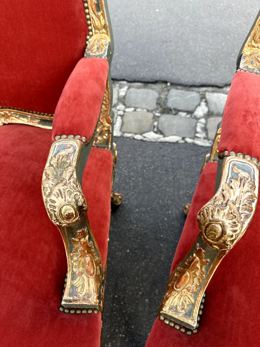 Pair Of Regency-style Armchairs In Carved And Patinated Wood, 19th Century  -photo-1