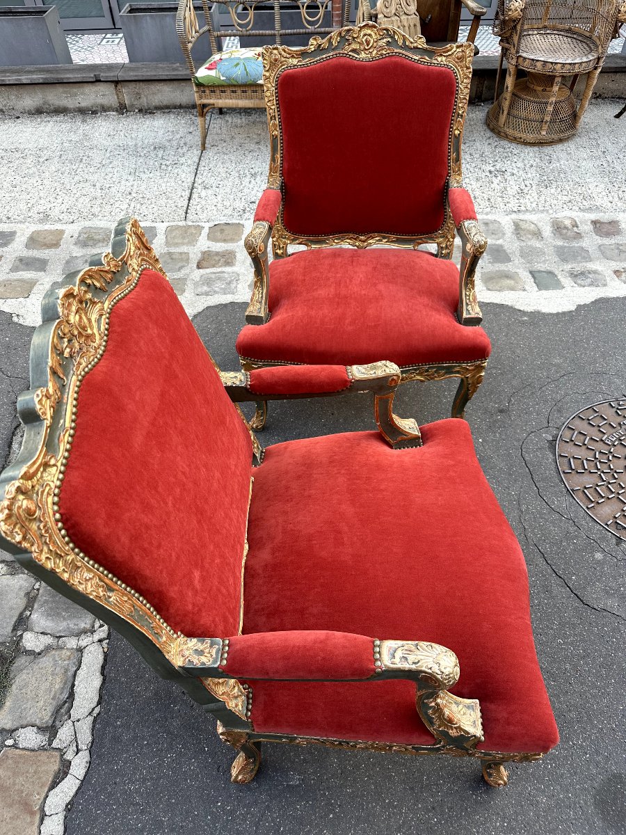 Pair Of Regency-style Armchairs In Carved And Patinated Wood, 19th Century  -photo-2