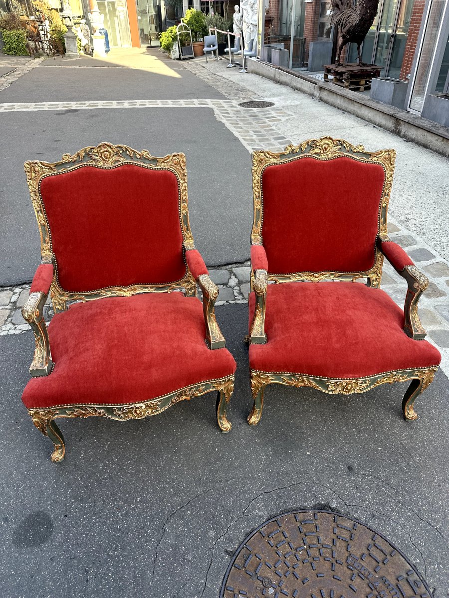 Pair Of Regency-style Armchairs In Carved And Patinated Wood, 19th Century  