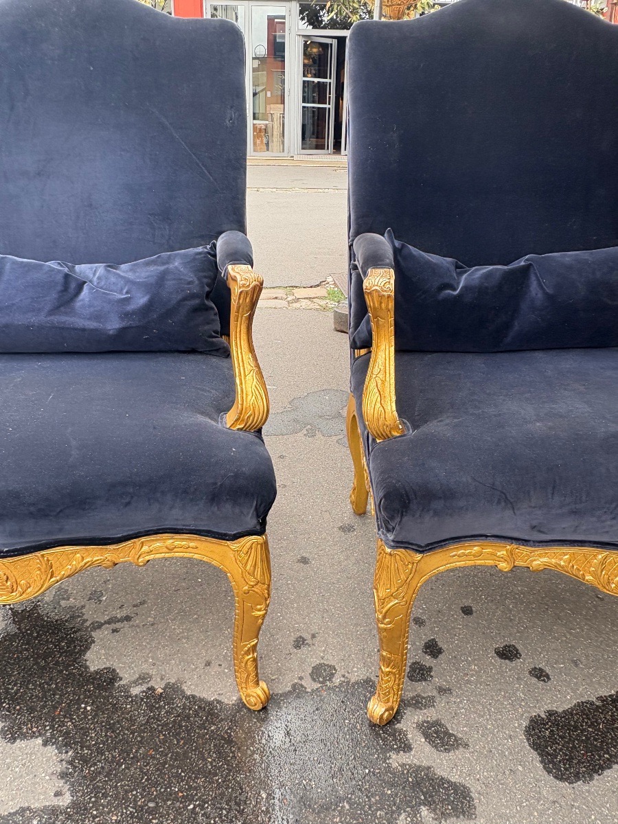 Pair Of Regency-style Armchairs In Gilded Wood, 19th Century -photo-2