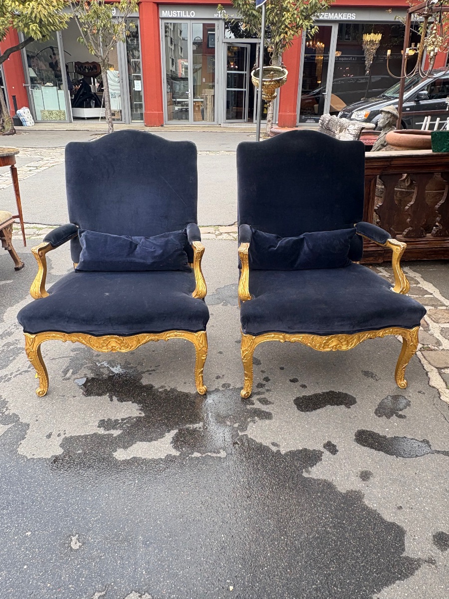 Pair Of Regency-style Armchairs In Gilded Wood, 19th Century -photo-4