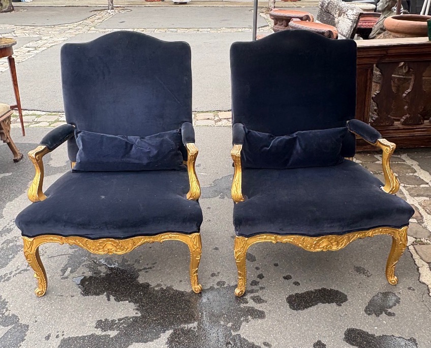 Pair Of Regency-style Armchairs In Gilded Wood, 19th Century 