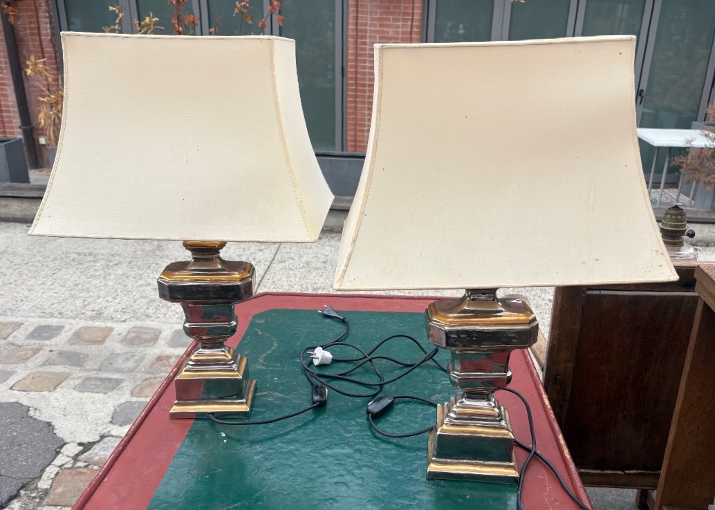 Paire de lampes en  faïence  argentées et dorées  façon pot à feux Italie XX EME
