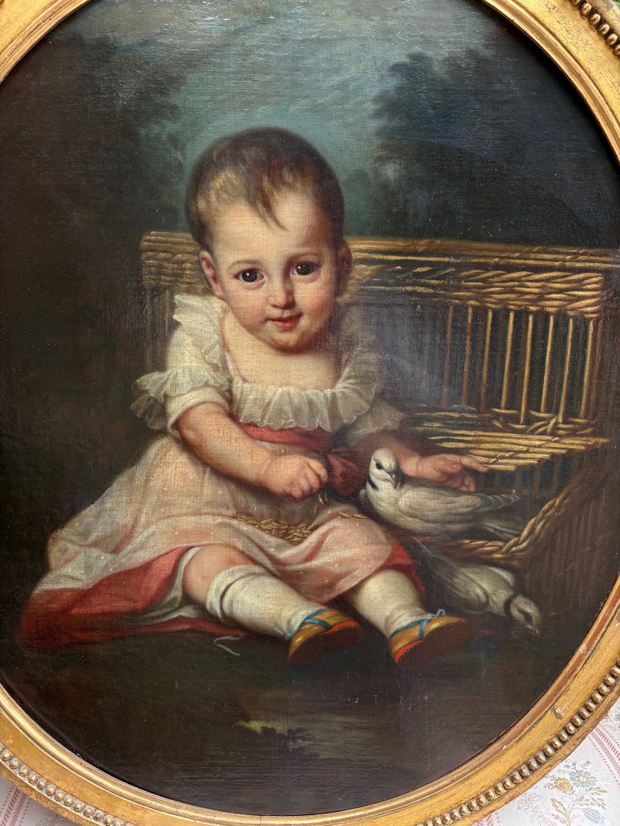 Tableau fin XVIII huile sur toile petit enfant jouant avec un oiseau -photo-3