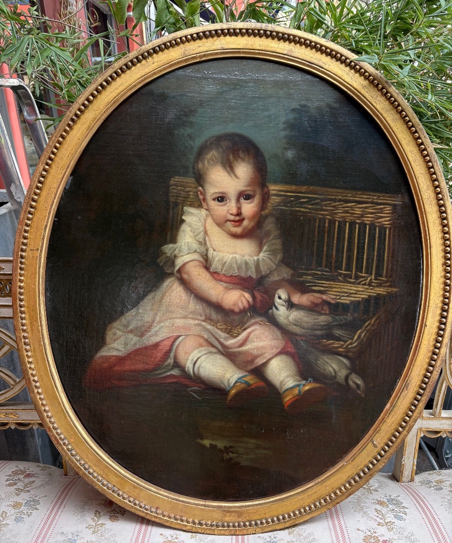 Tableau fin XVIII huile sur toile petit enfant jouant avec un oiseau 