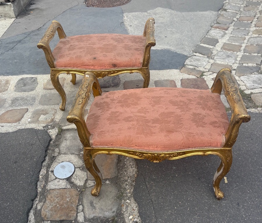 Paire de banquettes avec bras sur les cotés bois doré style Louis XV Italie début  XX EME -photo-2