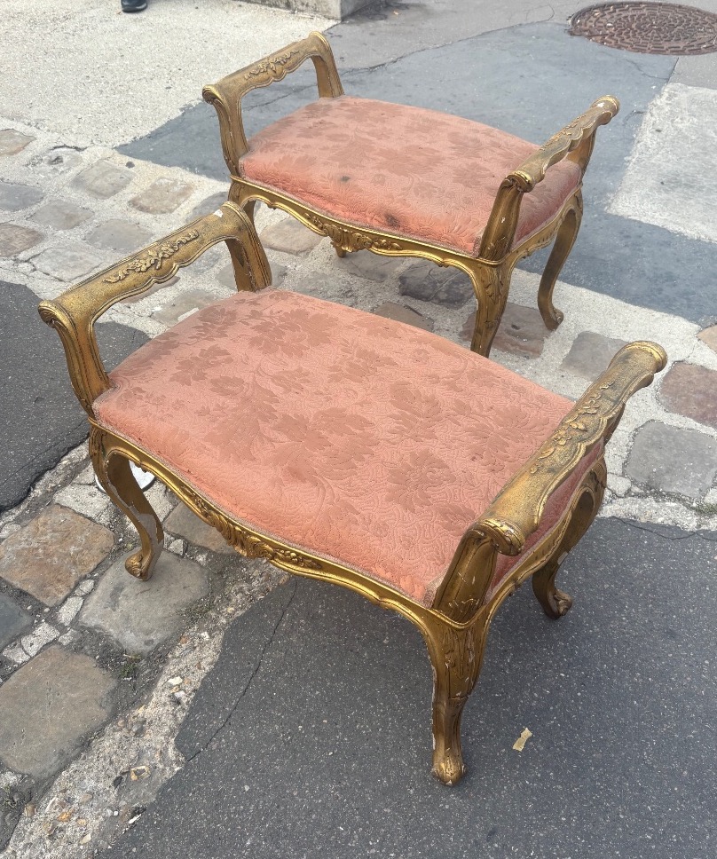 Paire de banquettes avec bras sur les cotés bois doré style Louis XV Italie début  XX EME -photo-3