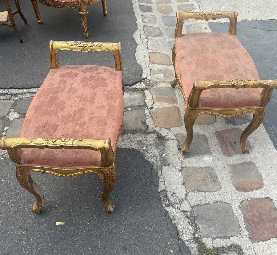 Paire de banquettes avec bras sur les cotés bois doré style Louis XV Italie début  XX EME -photo-4