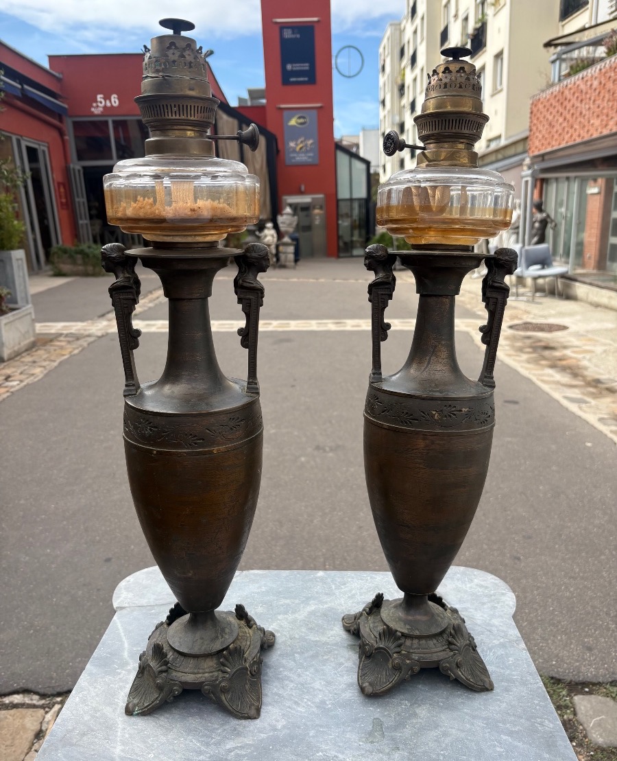Pair Of Bronze Kerosene Lamps With Crystal Reservoirs, Neoclassical Style, Mid-19th Century -photo-3