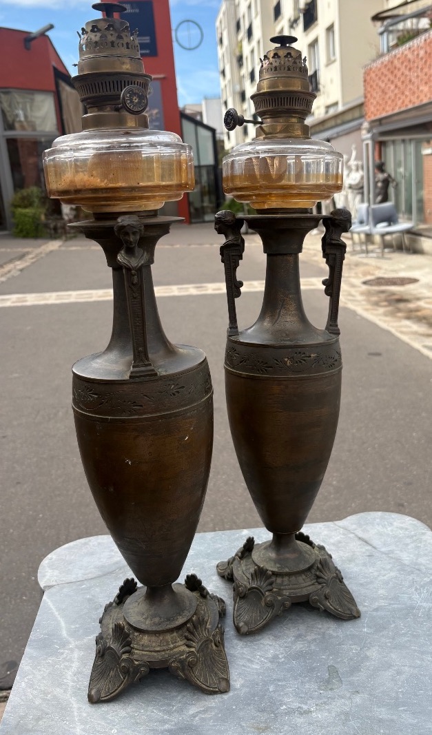 Pair Of Bronze Kerosene Lamps With Crystal Reservoirs, Neoclassical Style, Mid-19th Century 