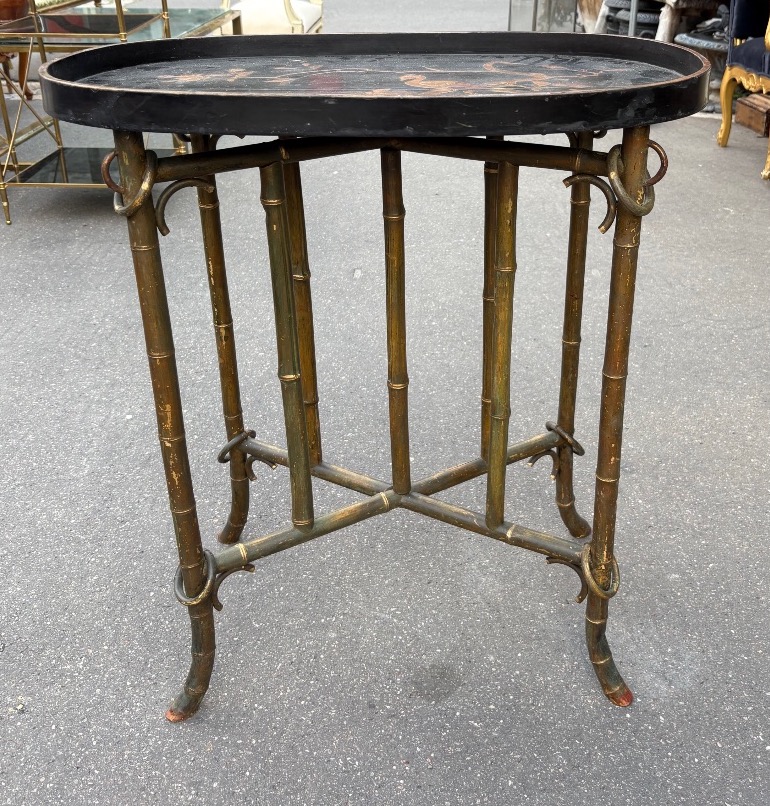 Small Bamboo Pedestal Table With A Lacquered Top, 19th Century-photo-2