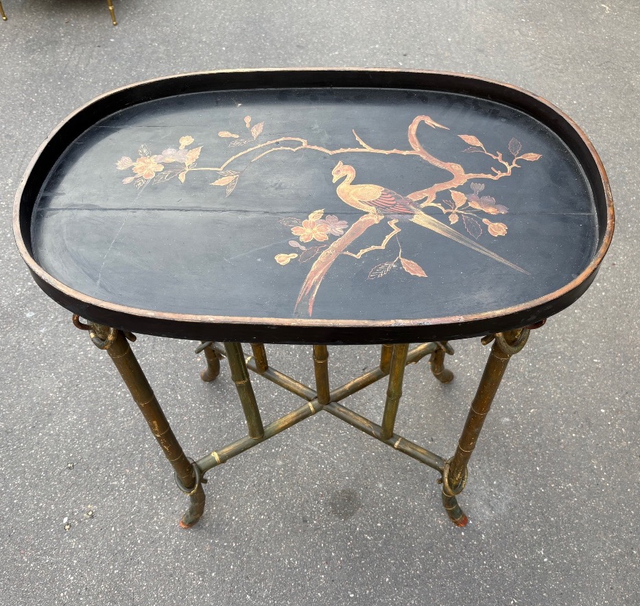 Small Bamboo Pedestal Table With A Lacquered Top, 19th Century-photo-3