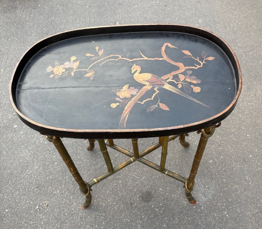 Small Bamboo Pedestal Table With A Lacquered Top, 19th Century-photo-1