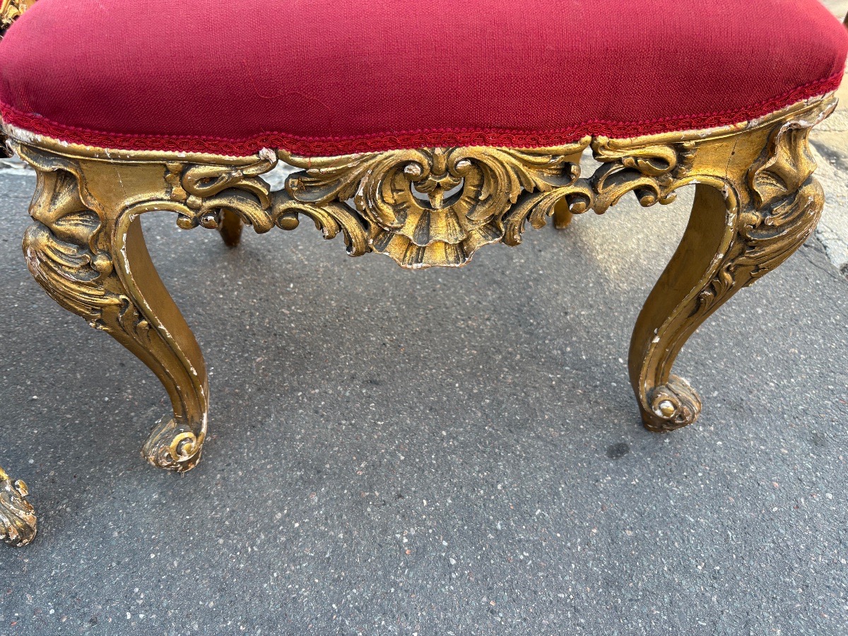 Pair Of Gilded Wooden Stools In The Louis XV Style, Italy, 20th Century-photo-1