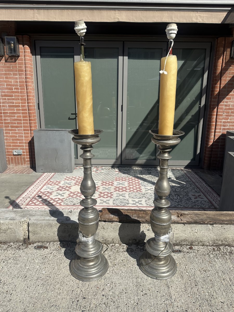Pair Of Large Nickel-plated Bronze Torches, 17th-century Tuscan Style