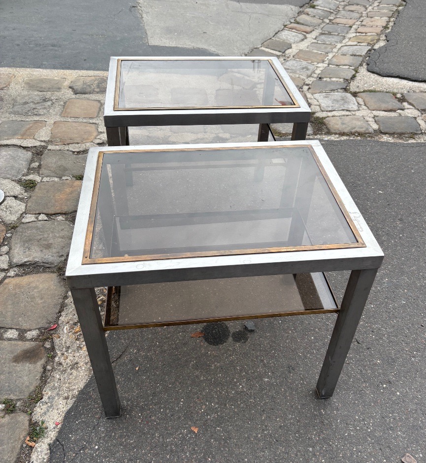 Paire de tables bout de canapés acier brossé années 70-photo-2