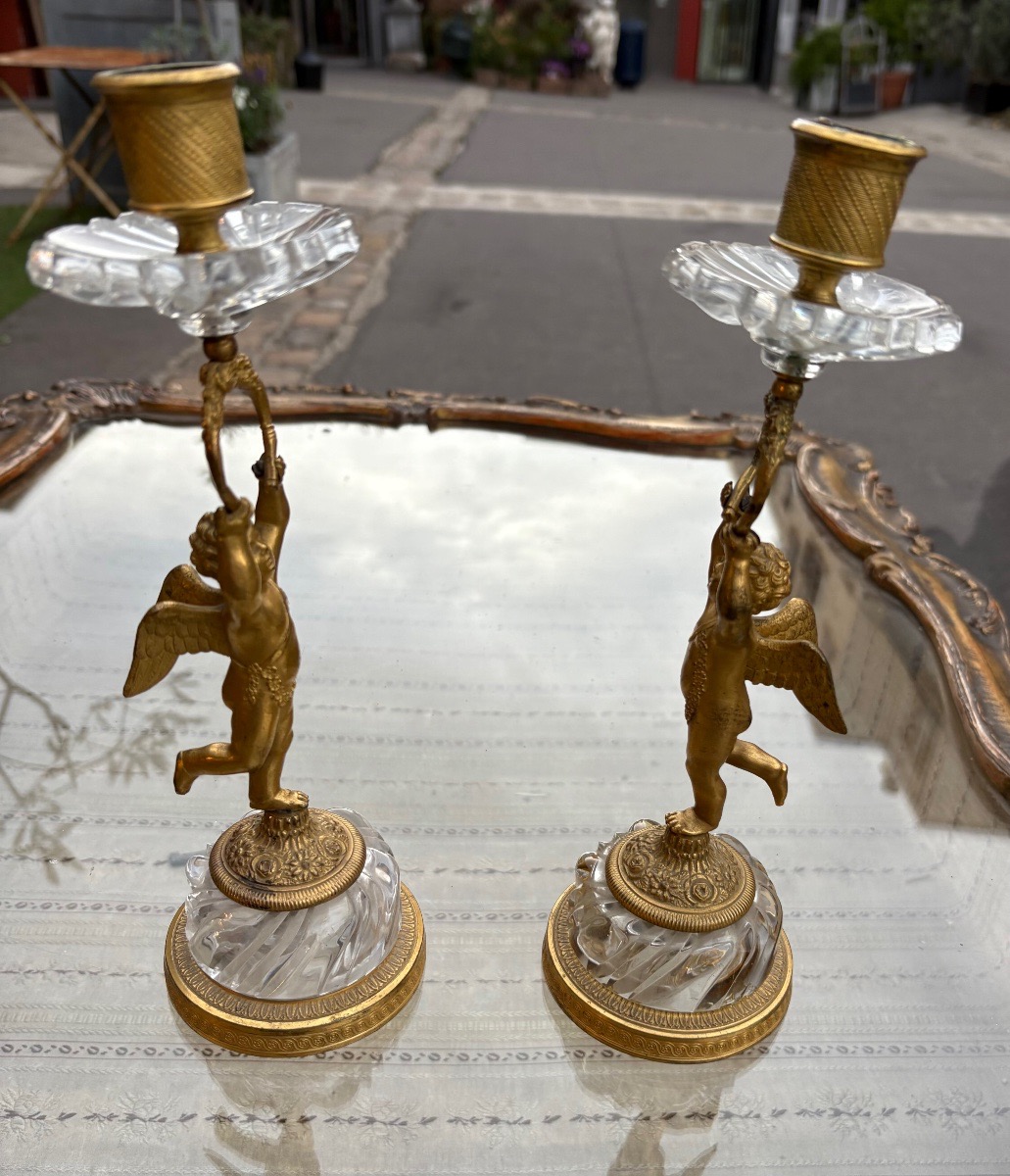 Paire de bougeoirs bronze doré et cristal figurant des angelots début XIX EME -photo-2