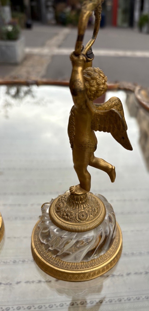 Paire de bougeoirs bronze doré et cristal figurant des angelots début XIX EME -photo-2