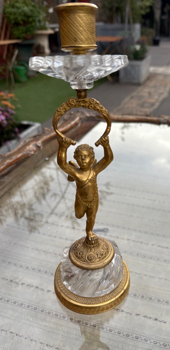 Paire de bougeoirs bronze doré et cristal figurant des angelots début XIX EME -photo-3