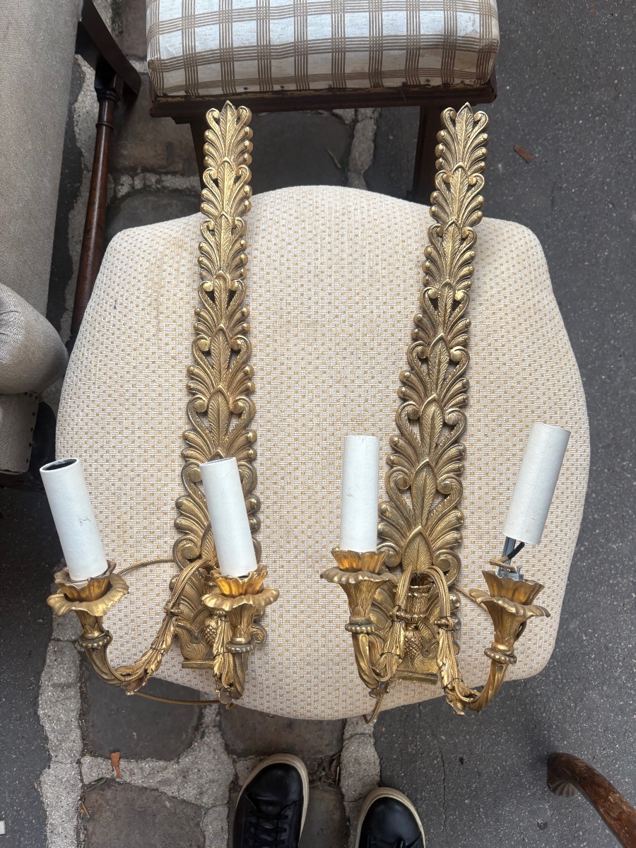 Paire d’appliques  2 lumières en bronze doré XIX EME à décor de palmettes 