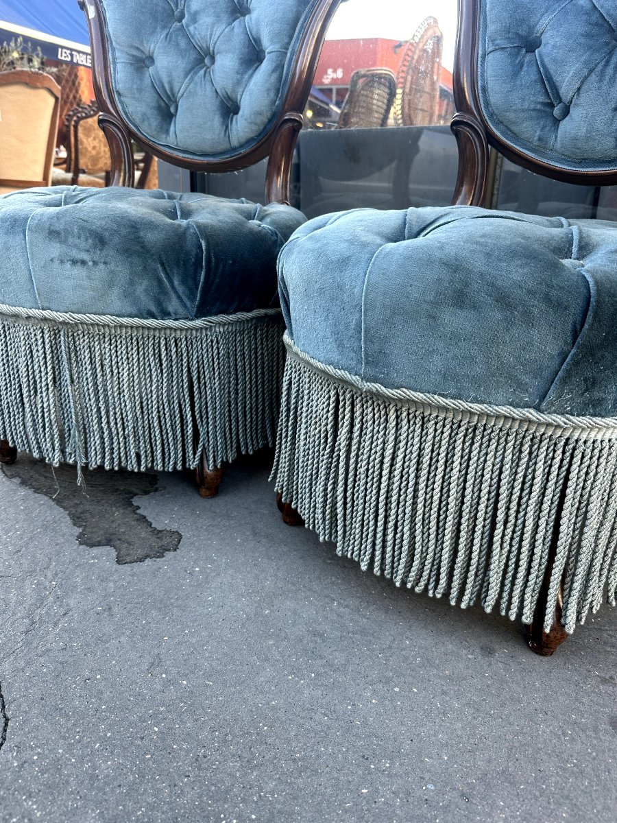 Pair Of Armchairs In Walnut And Blue Velvet, Napoleon III Style, 19th Century-photo-4