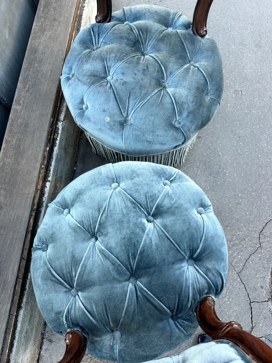 Pair Of Armchairs In Walnut And Blue Velvet, Napoleon III Style, 19th Century-photo-1