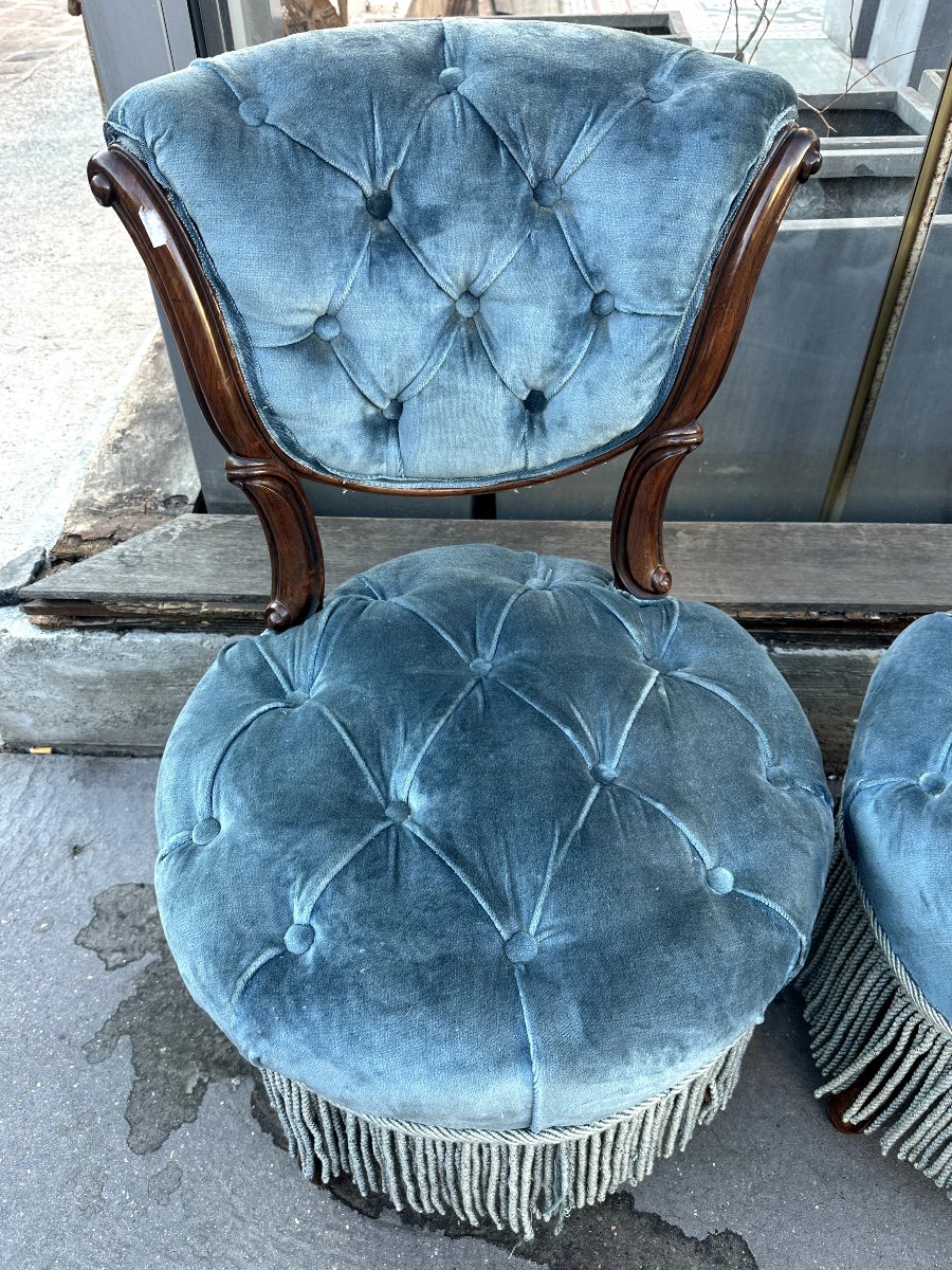 Pair Of Armchairs In Walnut And Blue Velvet, Napoleon III Style, 19th Century-photo-2